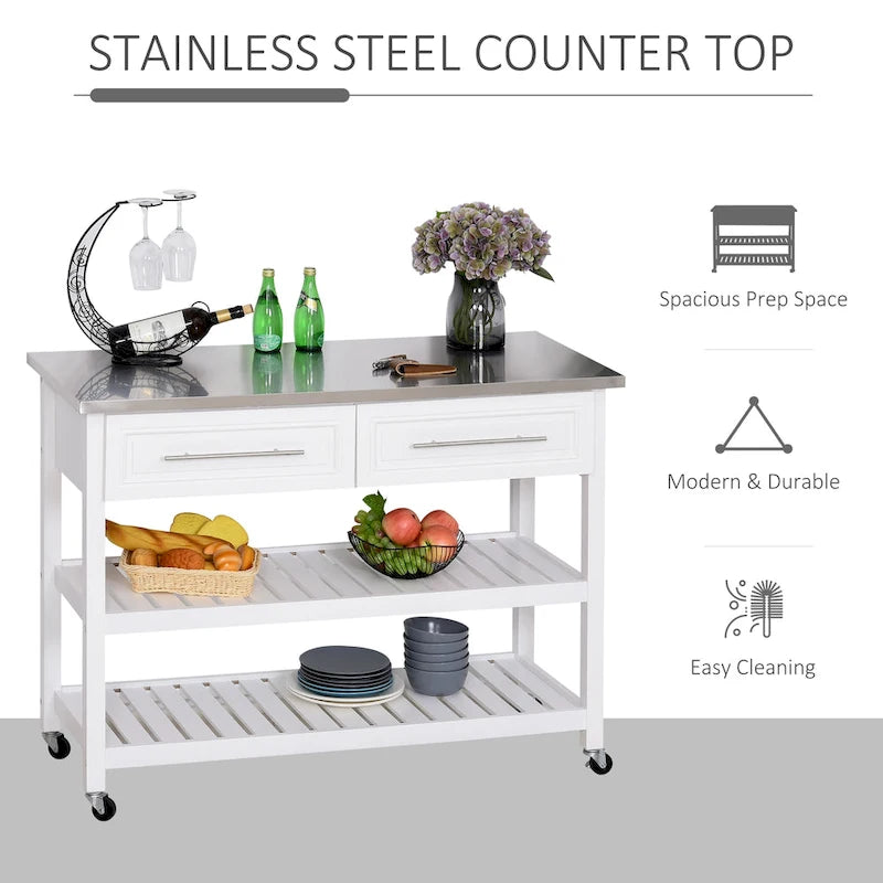 HOMCOM Stainless Steel Top Kitchen Island Rolling Utility Cart with Drawers & Shelves - White