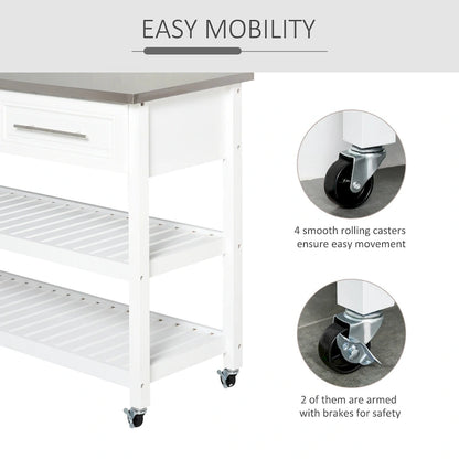 HOMCOM Stainless Steel Top Kitchen Island Rolling Utility Cart with Drawers & Shelves - White