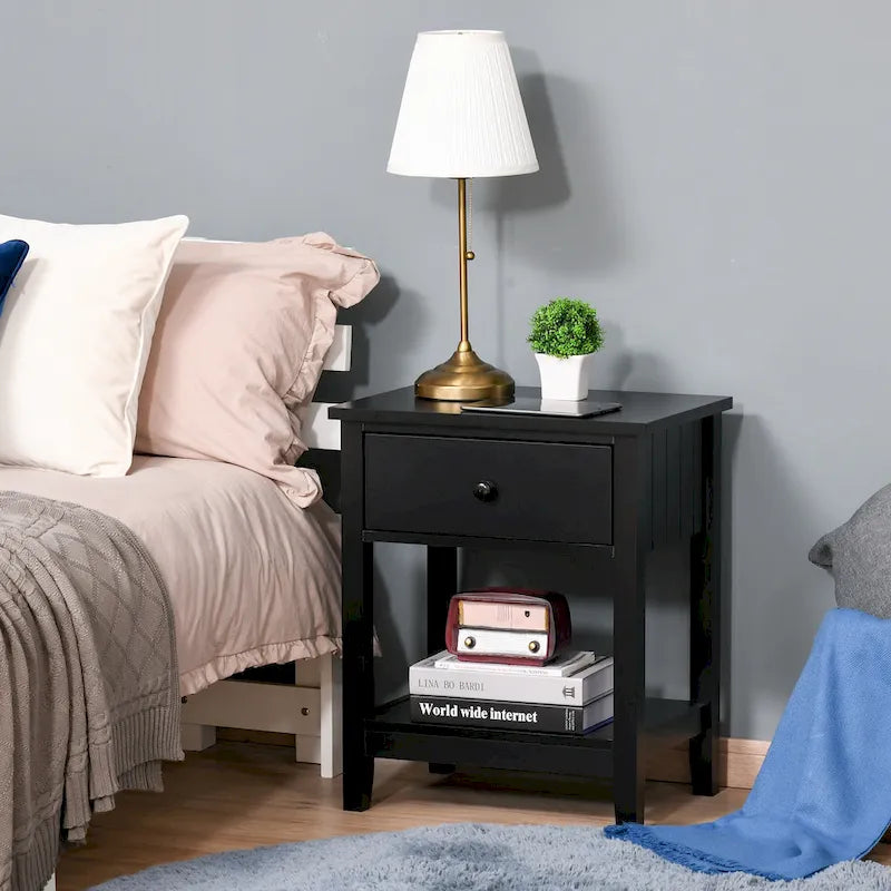 HOMCOM Modern Style Bedside End Table with Drawer and Storage Shelf for Bedroom, or Living Room - 19.75x13.75x23.5
