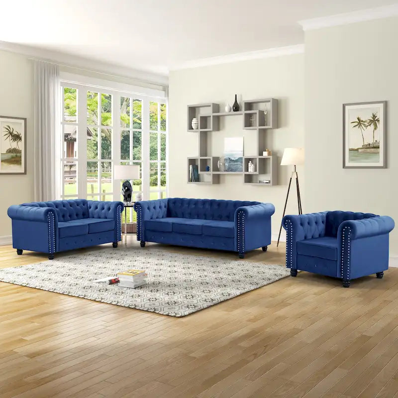 Classic Tufted Velvet Upholstered Chesterfield Club Chair Loveseat Sofa 3 Pieces with Nailhead for Living Room by Morden Fort
