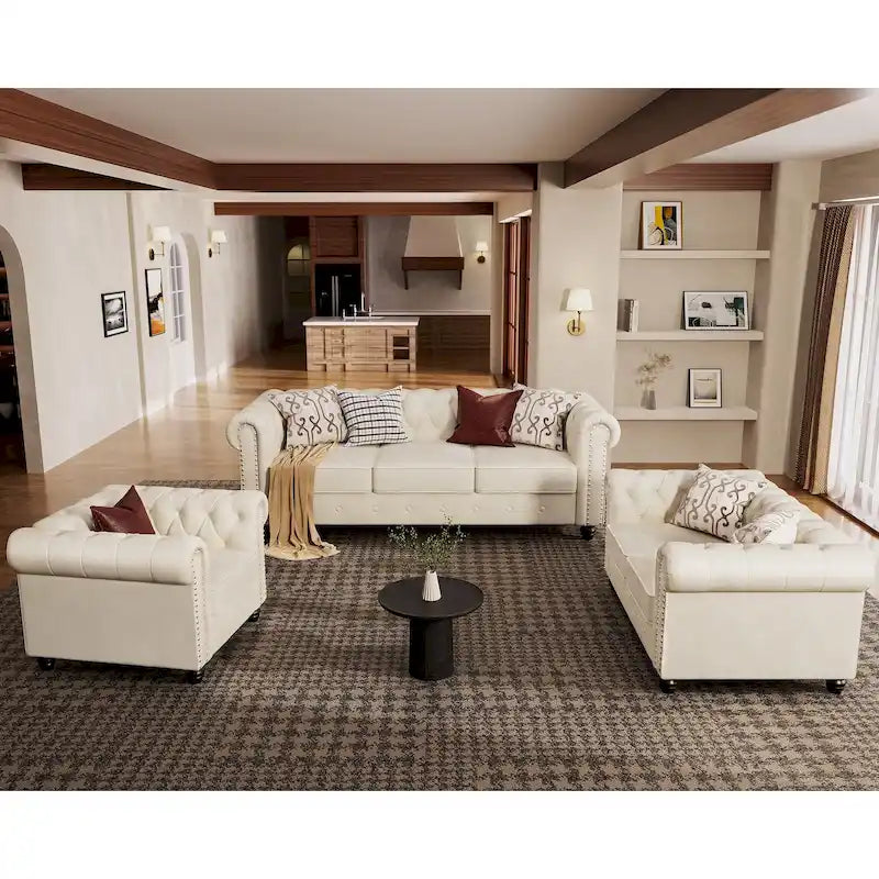 Classic Tufted Velvet Upholstered Chesterfield Club Chair Loveseat Sofa 3 Pieces with Nailhead for Living Room by Morden Fort
