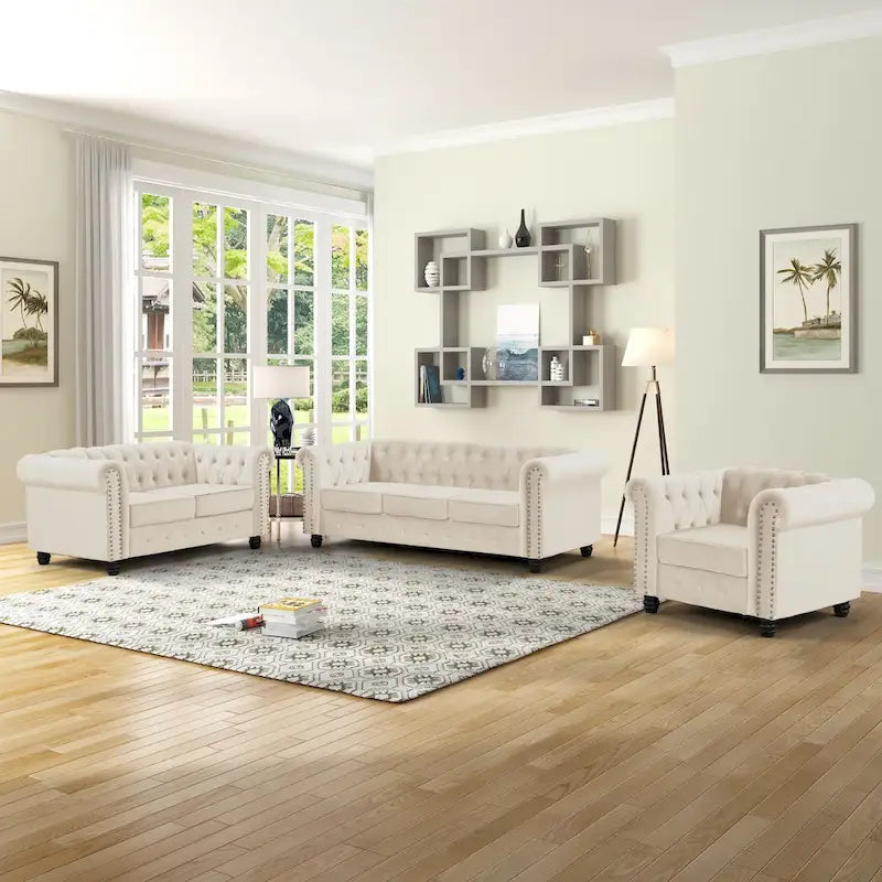 Classic Tufted Velvet Upholstered Chesterfield Club Chair Loveseat Sofa 3 Pieces with Nailhead for Living Room by Morden Fort