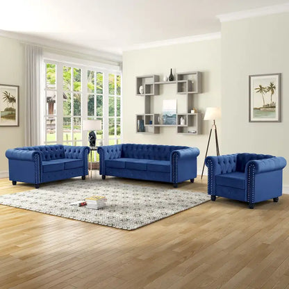 Classic Tufted Velvet Upholstered Chesterfield Club Chair Loveseat Sofa 3 Pieces with Nailhead for Living Room by Morden Fort