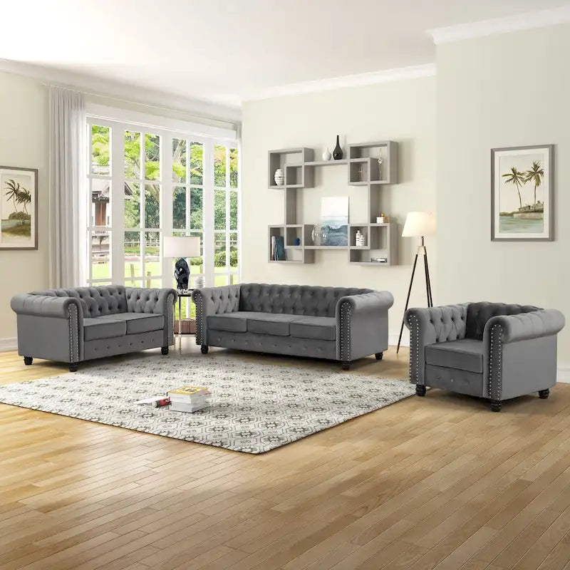 Classic Tufted Velvet Upholstered Chesterfield Club Chair Loveseat Sofa 3 Pieces with Nailhead for Living Room by Morden Fort