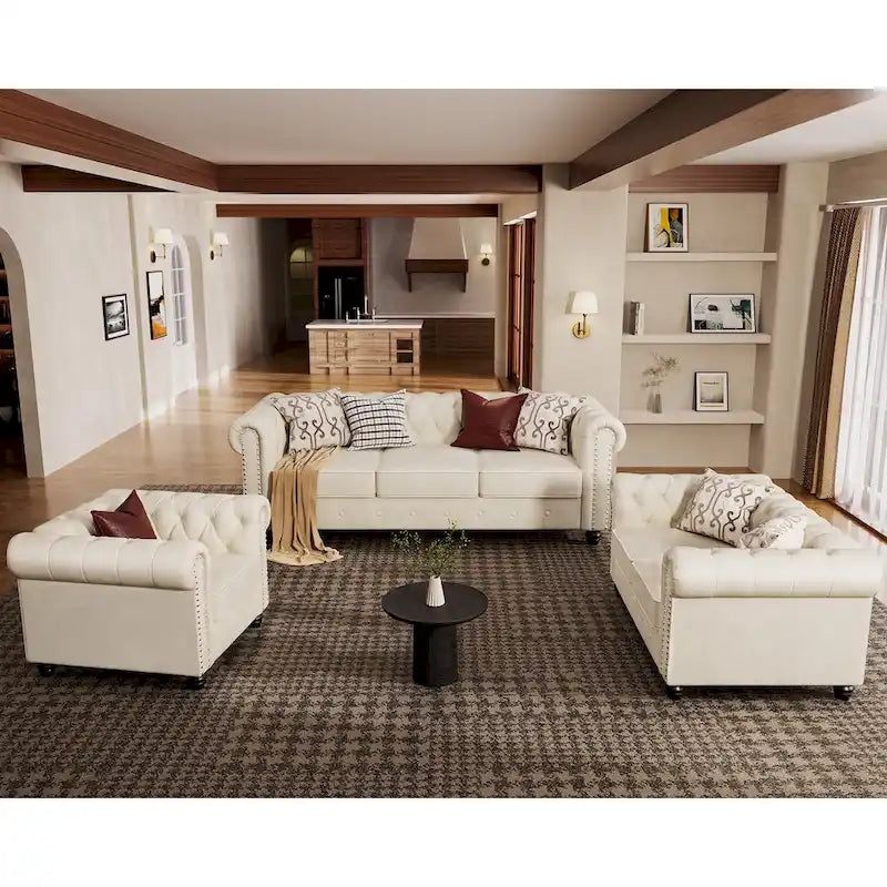 Classic Tufted Velvet Upholstered Chesterfield Club Chair Loveseat Sofa 3 Pieces with Nailhead for Living Room by Morden Fort