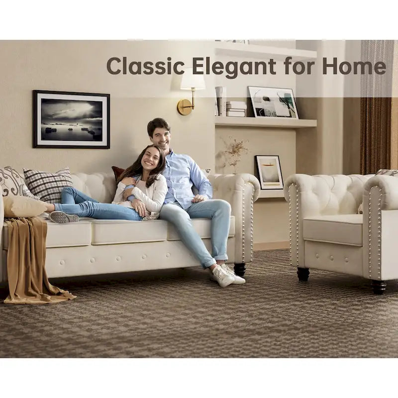 Classic Tufted Velvet Upholstered Chesterfield Club Chair Loveseat Sofa 3 Pieces with Nailhead for Living Room by Morden Fort