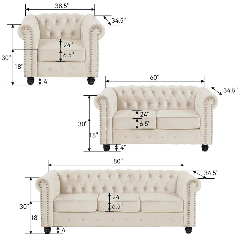 Classic Tufted Velvet Upholstered Chesterfield Club Chair Loveseat Sofa 3 Pieces with Nailhead for Living Room by Morden Fort