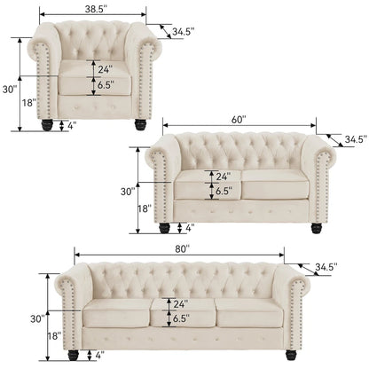 Classic Tufted Velvet Upholstered Chesterfield Club Chair Loveseat Sofa 3 Pieces with Nailhead for Living Room by Morden Fort