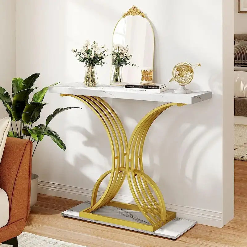 Moasis 39 Faux Marble Console Sofa Table Geometric Gold Base for Entryway