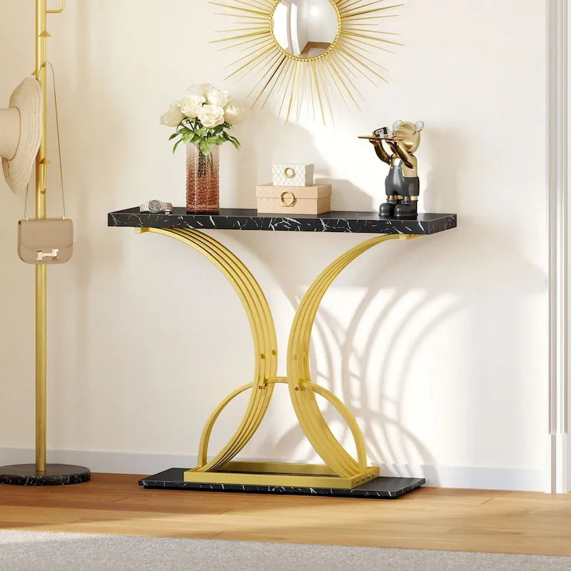 Moasis 39 Faux Marble Console Sofa Table Geometric Gold Base for Entryway