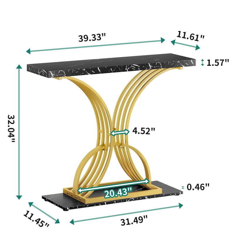 Moasis 39 Faux Marble Console Sofa Table Geometric Gold Base for Entryway