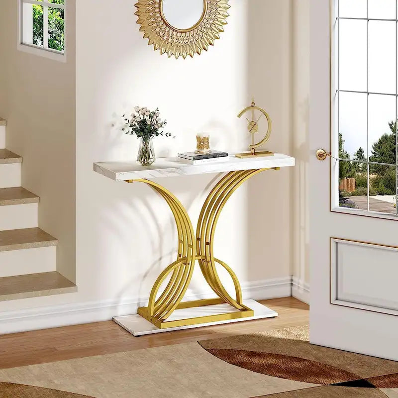 Moasis 39 Faux Marble Console Sofa Table Geometric Gold Base for Entryway