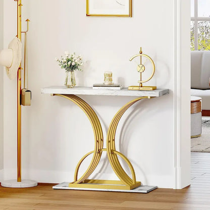 Moasis 39 Faux Marble Console Sofa Table Geometric Gold Base for Entryway