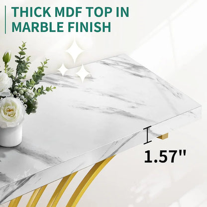 Moasis 39 Faux Marble Console Sofa Table Geometric Gold Base for Entryway