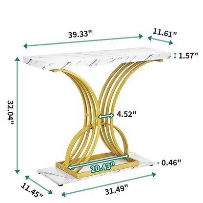 Moasis 39 Faux Marble Console Sofa Table Geometric Gold Base for Entryway