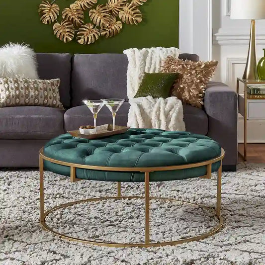 Perdita Gold Finish Velvet Round Tufted Ottoman by iNSPIRE Q Bold