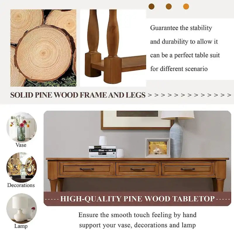 63.38 Long Sofa Console Table with 3 Drawers for Entryway Behind Couch Hall Foyer