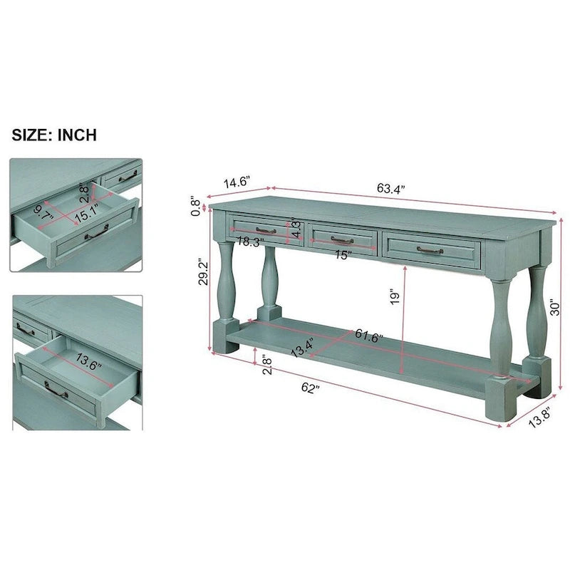 63.38 Long Sofa Console Table with 3 Drawers for Entryway Behind Couch Hall Foyer