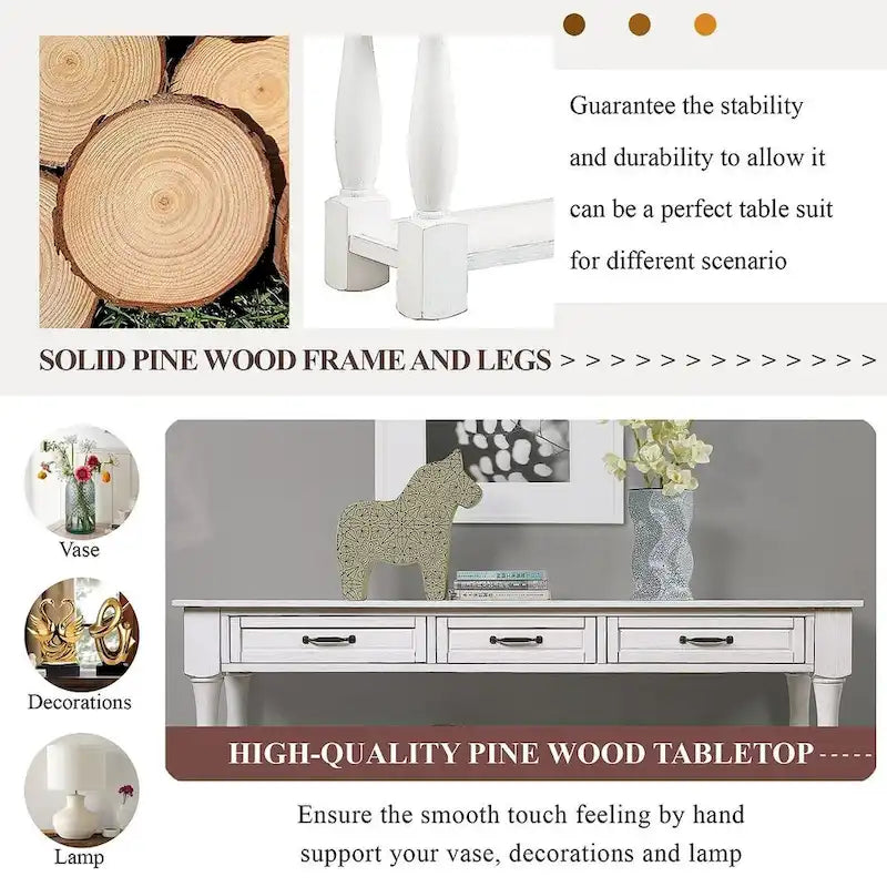 63.38 Long Sofa Console Table with 3 Drawers for Entryway Behind Couch Hall Foyer