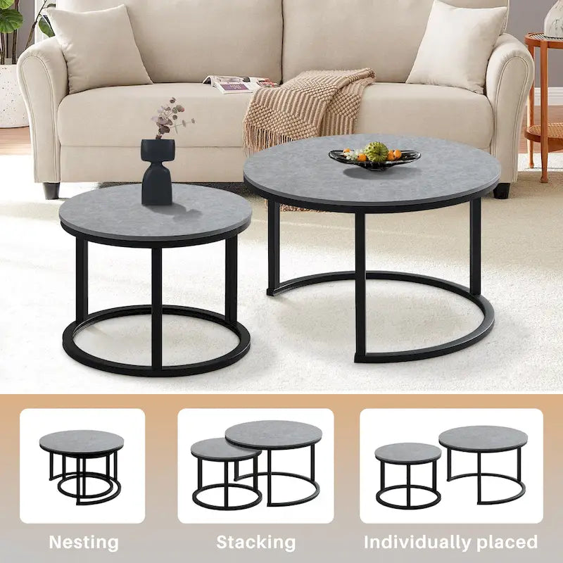 Modern Wooden Waterproof Round Nesting Coffee Table Set of 2