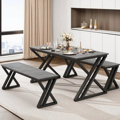 Modern Kitchen Dining Table Set with 2 Benches - N/A