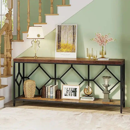 70.9 Inch Sofa Console Table with Open Storage Shelf, Industrial Narrow Extra Long Sofa Tables Entry Table Behind Couch Table