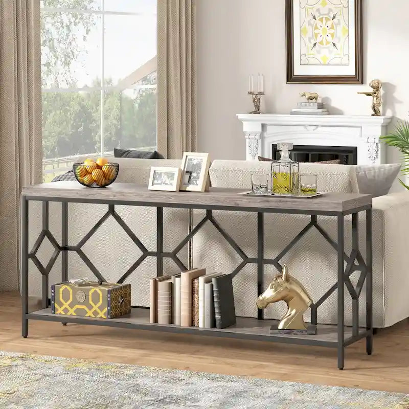 70.9 Inch Sofa Console Table with Open Storage Shelf, Industrial Narrow Extra Long Sofa Tables Entry Table Behind Couch Table