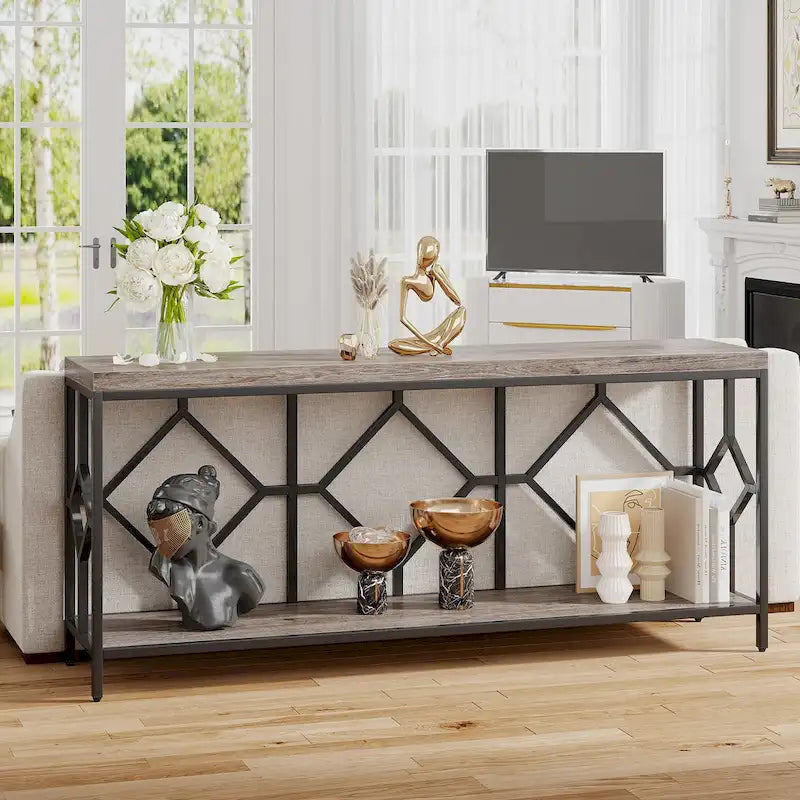 70.9 Inch Sofa Console Table with Open Storage Shelf, Industrial Narrow Extra Long Sofa Tables Entry Table Behind Couch Table