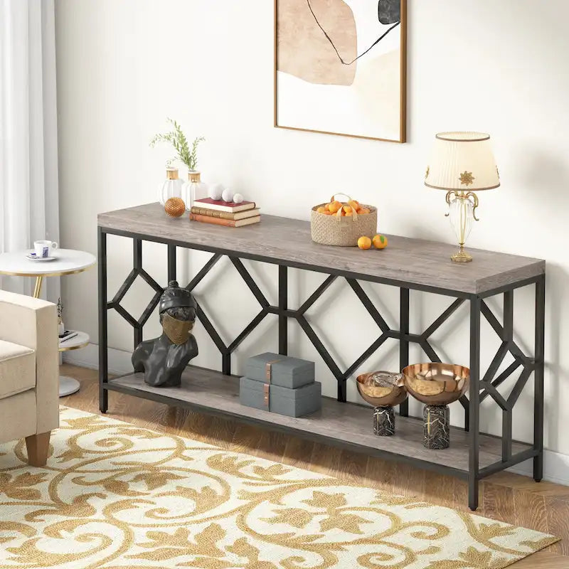 70.9 Inch Sofa Console Table with Open Storage Shelf, Industrial Narrow Extra Long Sofa Tables Entry Table Behind Couch Table