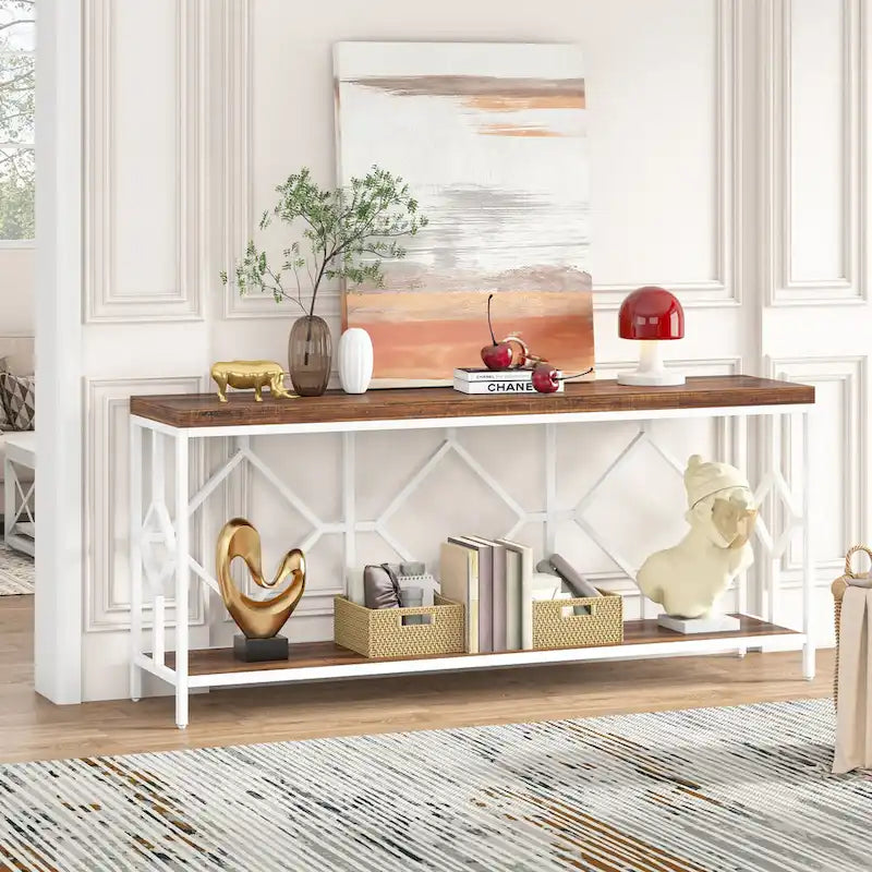 70.9 Inch Sofa Console Table with Open Storage Shelf, Industrial Narrow Extra Long Sofa Tables Entry Table Behind Couch Table