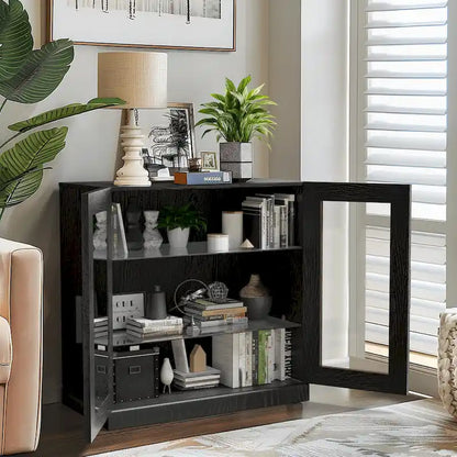 Solid Wood Storage Cabinet with two Glass Doors 31