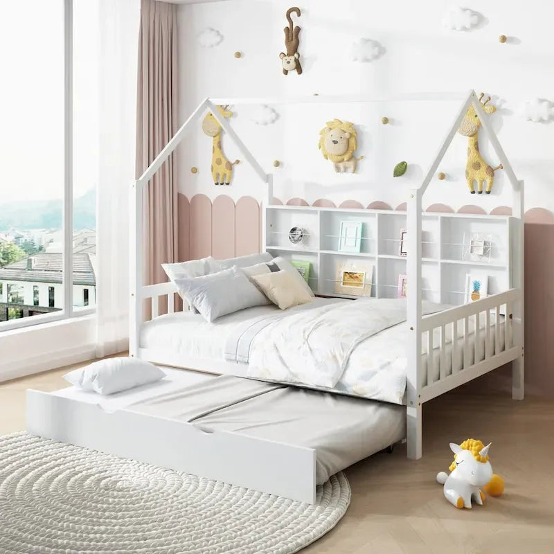 Wooden Full Size House Bed with Trundle,Kids Bed with Shelf