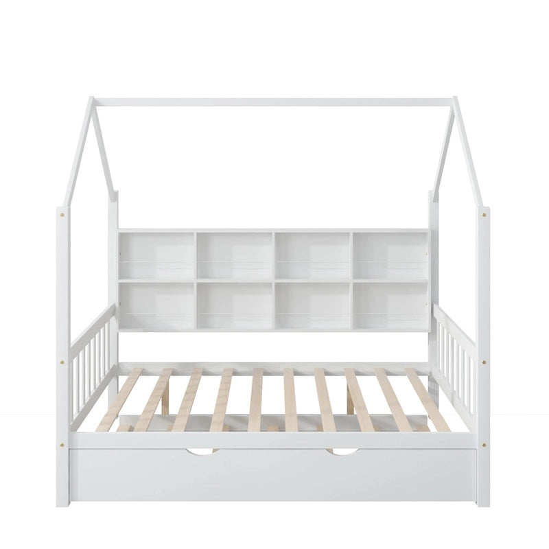Wooden Full Size House Bed with Trundle,Kids Bed with Shelf