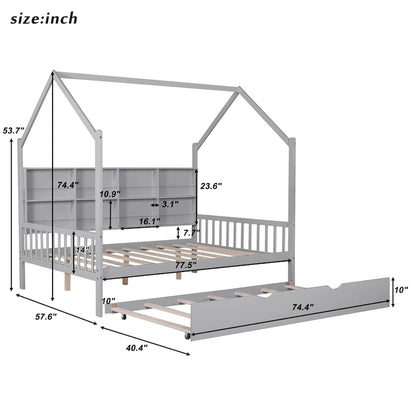Wooden Full Size House Bed with Trundle,Kids Bed with Shelf