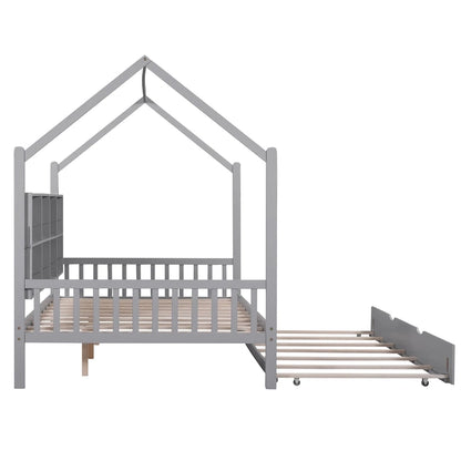 Wooden Full Size House Bed with Trundle,Kids Bed with Shelf