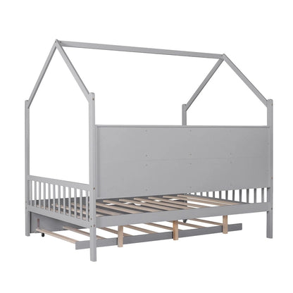 Wooden Full Size House Bed with Trundle,Kids Bed with Shelf