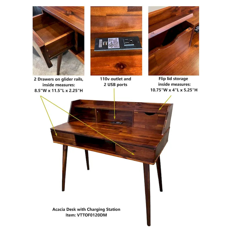 Solid Acacia Desk with Charging Station