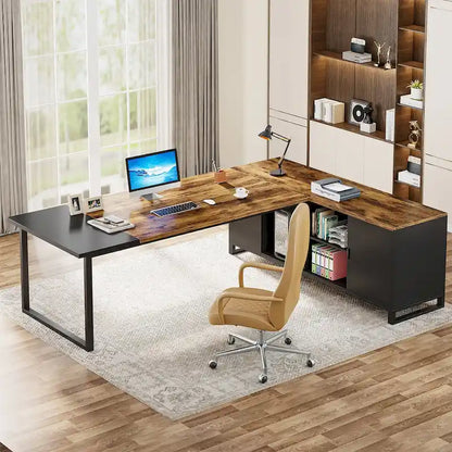 70.8 Executive Desk L-Shaped Office Computer Desk with 55 File Cabinet