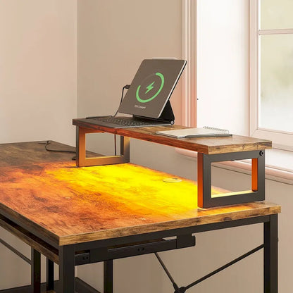 L Shaped Desk LED 95.2 Inch Computer Corner Desk with Keyboard Tray Monitor Stand