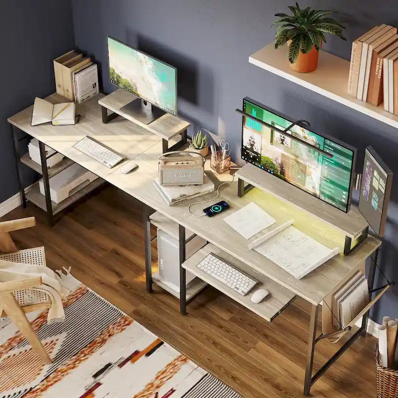 L Shaped Desk LED 95.2 Inch Computer Corner Desk with Keyboard Tray Monitor Stand