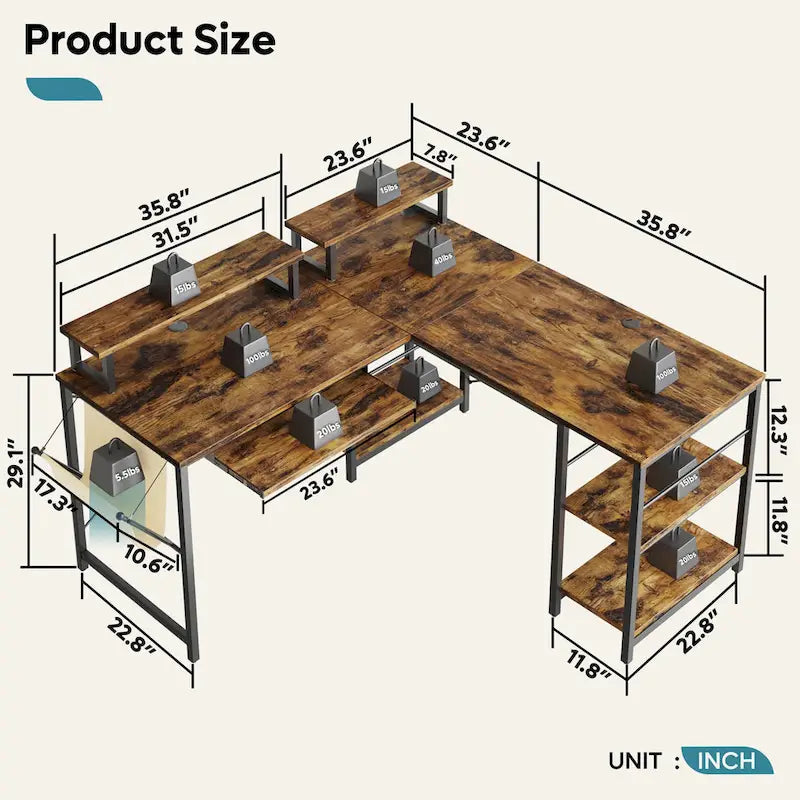 L Shaped Desk LED 95.2 Inch Computer Corner Desk with Keyboard Tray Monitor Stand
