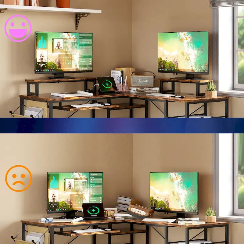 L Shaped Desk LED 95.2 Inch Computer Corner Desk with Keyboard Tray Monitor Stand