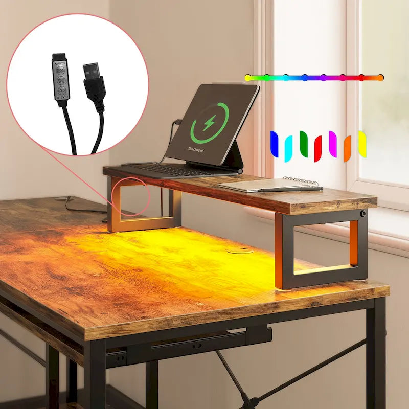 L Shaped Desk LED 95.2 Inch Computer Corner Desk with Keyboard Tray Monitor Stand