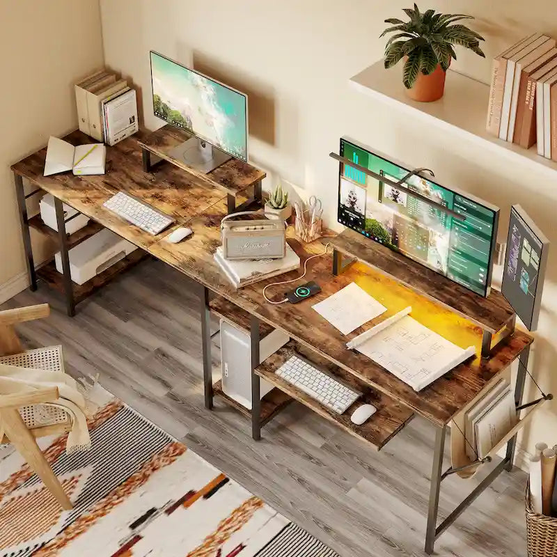 L Shaped Desk LED 95.2 Inch Computer Corner Desk with Keyboard Tray Monitor Stand