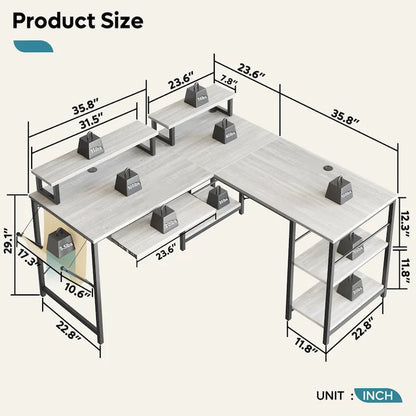 L Shaped Desk LED 95.2 Inch Computer Corner Desk with Keyboard Tray Monitor Stand