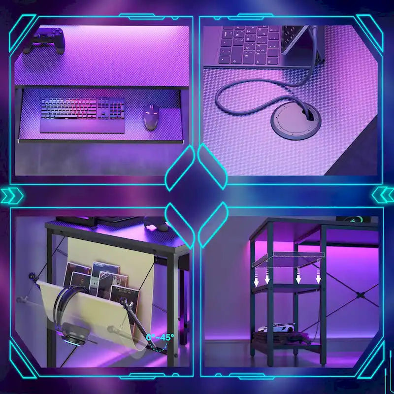 L Shaped Desk LED 95.2 Inch Computer Corner Desk with Keyboard Tray Monitor Stand