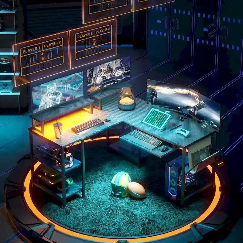 L Shaped Desk LED 95.2 Inch Computer Corner Desk with Keyboard Tray Monitor Stand