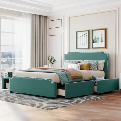 Upholstered Platform Bed with Stud Trim and 4 Drawers