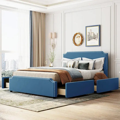 Upholstered Platform Bed with Stud Trim and 4 Drawers