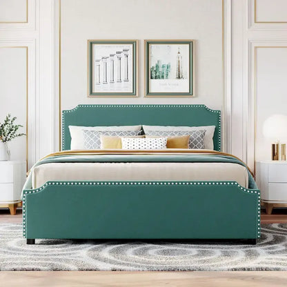 Upholstered Platform Bed with Stud Trim and 4 Drawers